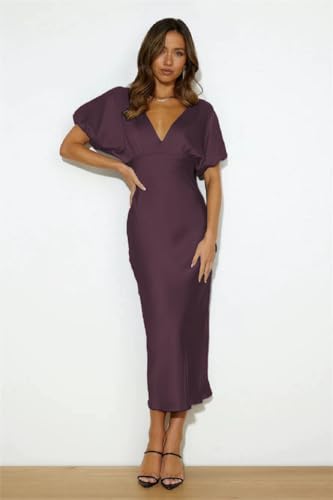 Image of Summer Satin V Neck Puffy Sleeves Empire Waist Midi Dresser Silk Sexy Tie Back Formal Cocktail Dresser for Women Wedding