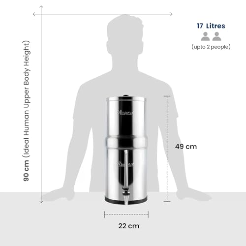 Image of RAMA Gravity Water Filter | 17L Total Capacity (8L Storage) | 304 Stainless Steel Purifier for Home | Includes 4 Spirit 7 inch Ceramic Candles & 7 inch Vision Tap | 10-Year Manufacturer Warranty