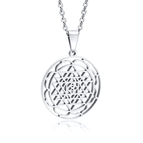 FLHEART Meditation Halskette Herren Damen - Heilige Geometrie Geschenk Edelstahl Hinduismus Symbol Sri Yantra Chakra Halsketten Amulett Talisman Schmuck,Silber Cover