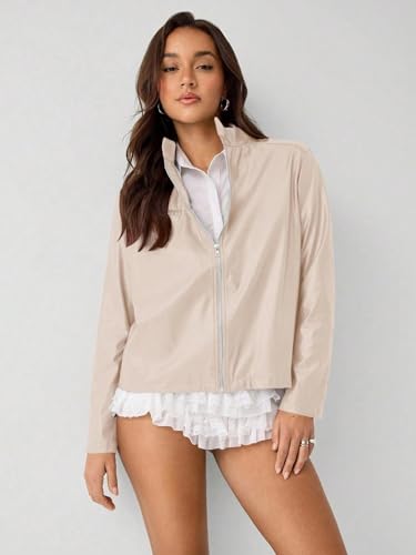 Chic Apricot PU Leather Women's Fall Winter Jacket with Stand Collar - Medium Size, Perfect for Any Occasion! - Image 5