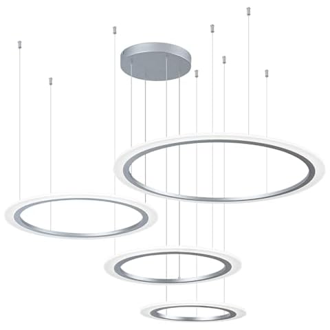 ROYAL PEARL 4 Rings Silver Modern Round Pendant Light Modern Chandeliers Dimmable LED Ceiling Lighting for Hallway Living Room Kitchen Entryway Bedroom, 110W, 3000K-6000K, 9350lm Cover
