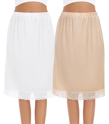 Lovasy 2 Pieces Half Slips for Women Long Underskirt Anti Static Satin Under Skirt with Floral Lace Trim Slip Dress for Skirts Dresses White & Nude,Large