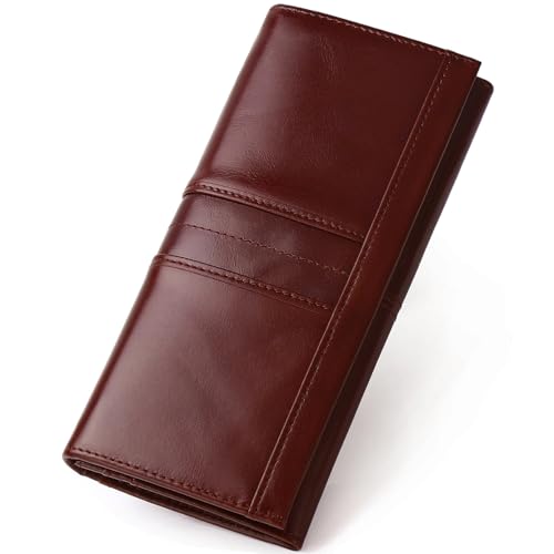 Slim Wallets for Women RFID Blocking Long Ladies Wallet Bifold Womens Leather Wallet with Coin Pocket ID Window, Coffee