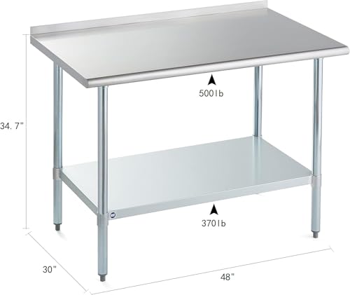 Image of ROCKPOINT Stainless Steel Table for Prep & Work with Backsplash 30x48 Inches, NSF Metal Commercial Kitchen Heavy Duty Table with Adjustable Under Shelf and Table Foot for Restaurant, Home and Hotel
