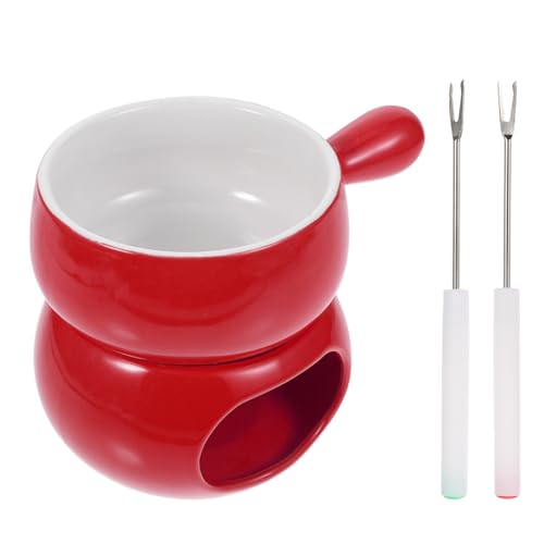 Healifty Set Forno da Cucina per Sciogliere Burro e Formaggio in Ceramica Base Rossa, Pentola Singola Manico e 2 Forchette per Fonduta, Utensili Riscaldanti per Tapas e Brodo