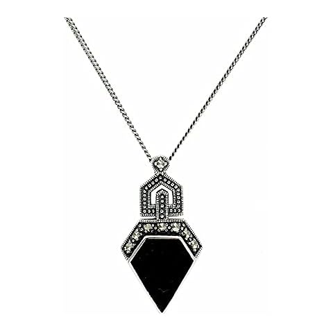 925 Sterling Silver Marcasite & Black Onyx Art Deco style Necklace Cover
