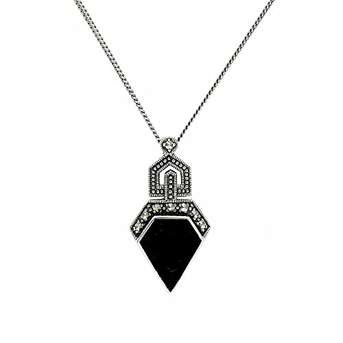 925 Sterling Silver Marcasite & Black Onyx Art Deco style Necklace