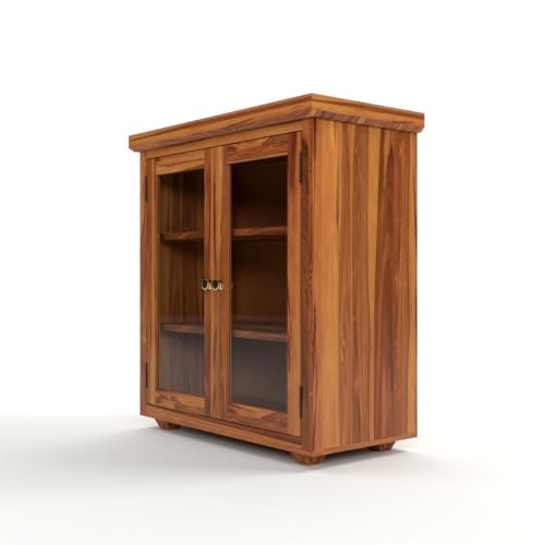Image of Solid Sheesham Wood Sideboard Cabinet for Living Room | Wooden Storage Cabinet with 2 Acrylic Glass Doors & Shelves | Modern Display Sideboard for Home (Honey Finish)