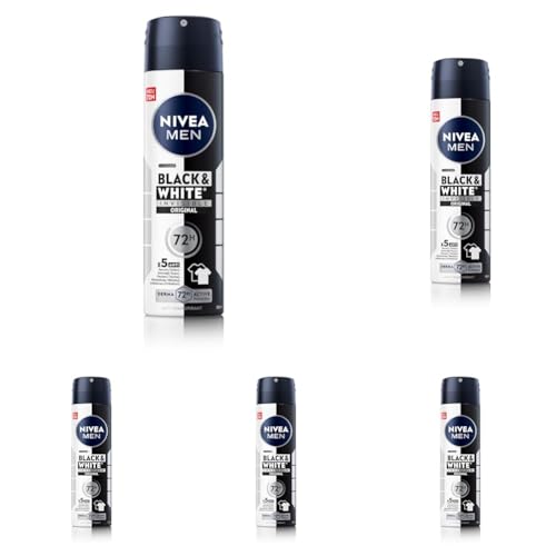 NIVEA MEN Black & White Invisible Deo Spray, Deodorant mit Anti-Flecken-Formel, zuverlässiger 72h Anti-Transpirant-Schutz und Active Protection (150 ml) (Packung mit 5)