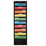 Hanging Paper Organizer & Wall File Holder - Premium Double Stitched Classroom Pocket Chart for Cubicle Office School Organization – Flat & Vertical Cascading Black 10 Pockets | Newton Y Apple
