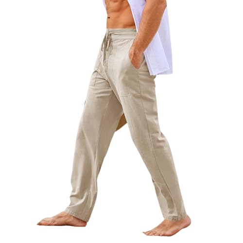 Men's Linen Beach Pants Elastic Waist Drawstring Trousers Solid Color Loose Trousers Summer Lightweight Yoga Pants4