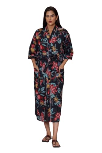 FRAU MANIA Women’s Cotton Kimono Robe | Lightweight Boho Dressing Gown & Loungewear | Hand-Printed Black | Beach Cover-Up & Resort Wear
