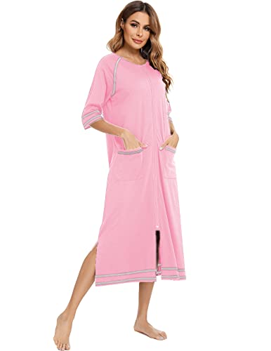Image of Veseacky Women Robe Zipper Front House Coat 3 /4 Sleeve Nightgown Full Length Ladies Lounge Dress with Pockets S-XXL