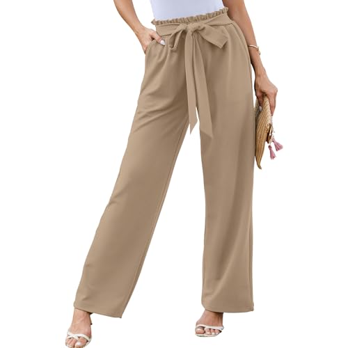 HAPYWER Damen Hose Weitem Bein Palazzo Hose Elegant Marlenehose für Büro Weit Hose Lang Culottes Hose Anzughose Hoher Taille S-XXL(Khaki,S)