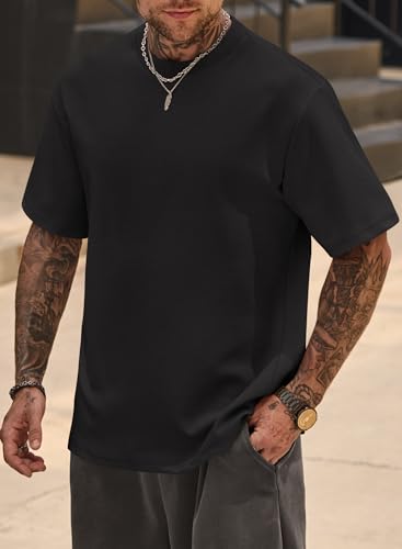 Mens Oversized T-Shirts Heavyweight Cool Cotton Crew Neck Stretch Fashion Summer Thick Tee Tops (S-3XL)3