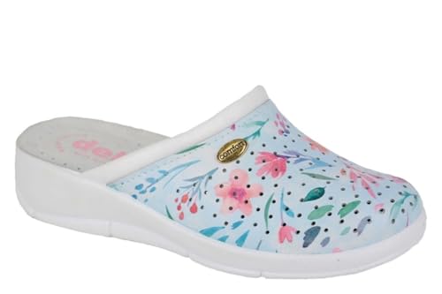 Dek Womens Coated Leather Clog Sandals With Wedge Heel/Leather Insole White/Baby Blue/Floral Print 8 UK