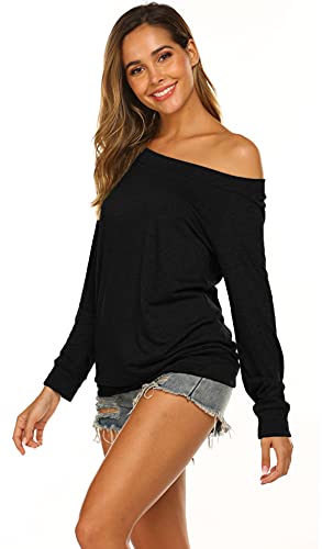 Halife Women'S Long Sleeve Boat Neck Off Shoulder Blouse Tops Black S thumb #2
