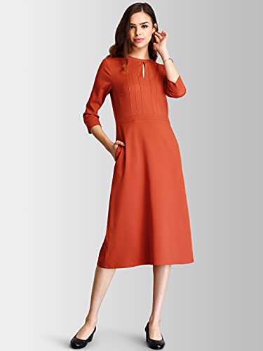 Image of FableStreet Women's Polyester Stylised Neck Pintuck Midi Dress