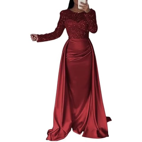 Long Sleeve Satin Prom Dresses Long with Slit Pleated Mermaid Mock Neck Formal Gowns and Evening Dresse Plus Size Burgundy 22 Cover