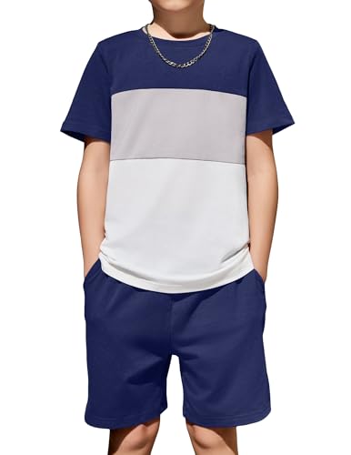 Image of Arshiner Boys' 2-Piece Cotton Outfit Color Block T-Shirt and Shorts Set Summer Camo Clothes for Kids 5-14 Years