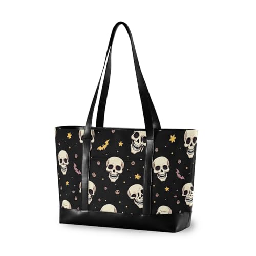 KLL Halloween White Skulls Yellow Stars Waterproof briefcase bag with zipper tote bag with zipper Large Handbag for college with diaper bolsa para computadora portatil mujer