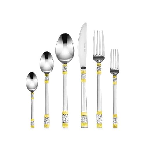 Venezia Collection Gold Flatware Serving Set for 12, 75-Pc Luxury Dining Silverware Cutlery Service, 24 Kt 18/10 Premium Surgical Stainless Steel Hostess Set in a Wooden Storage Case Chest