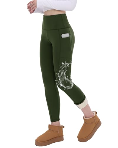 CAMPSNAIL Fleece Lined Leggings Women with Pockets - Winter Water Resistant Pants Olive Green Large