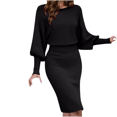 Zeiayuas Women's Elegant Dresses Long Sleeve Round Neck Midi Dress Casual Office Work Dress Knitted Jumper Dress Loose Tunic Dresses Elastic Waist Sweater Dress Black