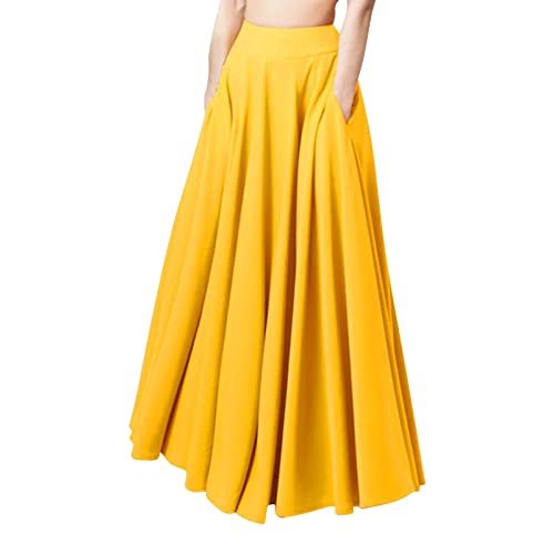 2025 Falda de Mujer de Moda Holgada Casual Larga Grande Sólida Plisada con Cintura Elástica, amarillo, XL