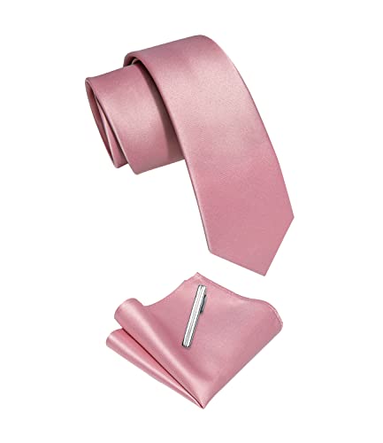 Image of YourTies Skinny Ties for Men Satin 2.4 inch Slim Necktie with Pocket Square Tie Clip Set Solid Color Wedding Party Business
