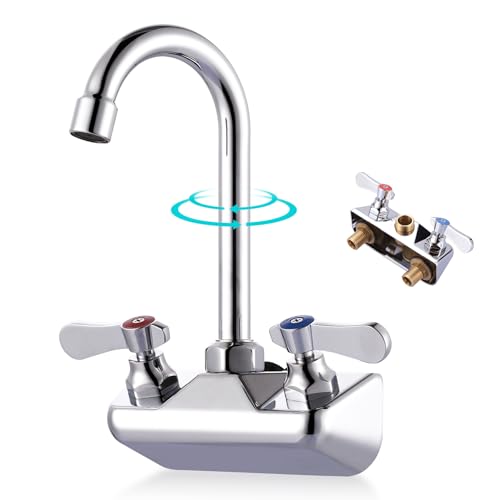 Commercial Bar Sink Faucet 4" Center Kitchen Faucet Wall Mount with 3.8" Gooseneck Spout 360° Swivel, 2 Hole & Dual Lever Handles, Brass Constructed Chrome Polished, for Laundry Farmhouse La