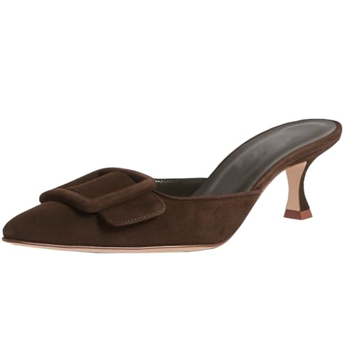 Divanne Heeled Mules for Women, Pointed Toe Slingback Pumps Buckle Kitten Heels Mules Slides Backless Dress Sandals-Chocolate Brown-8.5M US