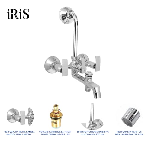 Image of iRiS 3-in-1 Wall Mixer Tap | Brass Bathroom Faucet with Overhead Shower Provision & 125mm Long Bend Pipe | Chrome Finish Bath Fitting | Wall-Mounted Hot & Cold Water Mixer