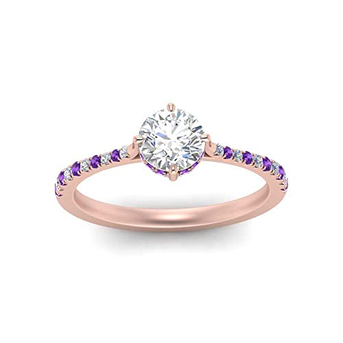 Image of Choose Your Gemstone Compass Point Under Halo Round Engagement Ring Rose Gold Plated Round Shape Side Stone Engagement Rings Lightweight Office Wear Everyday Gift Jewelry US Size 4 to 12
