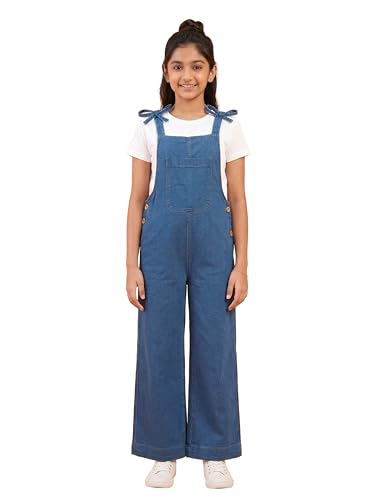 Image of KiddoPanti Girls Denim Dungaree Pant | Cotton Blend Stretch Jumpsuit | Single Front Pocket | Stylish Casual Kids Dungaree | Comfortable Everyday Wear 1-14 Years