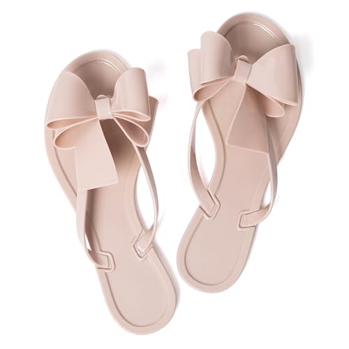 Image of Mtzyoa Women Flip-Flops Flat Sandals Jelly Bow Beach Flat Rivets Rain Cute Dressy Summer Sandals
