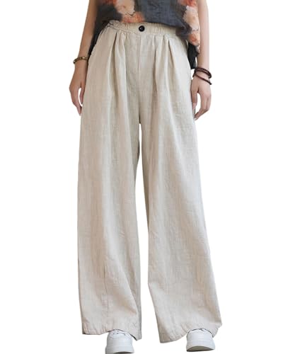 Women's Linen Wide Leg Long Pants Casual Elastic Waist Summer Palazzo Trousers with Pockets