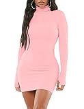 Mizoci Women's Sexy Bodycon Mini Club Dresses Basic Long Sleeve Turtleneck Dress,Small,Pink