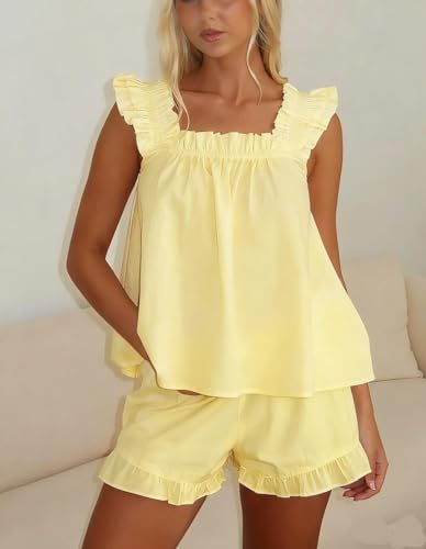 Image of ROAONOCOMO Women Floral Pajama Set Ruffle Babydoll Cami Top Coquette Pj Set Gingham 2 Piece Shorts Outfit Bridal Loungewear