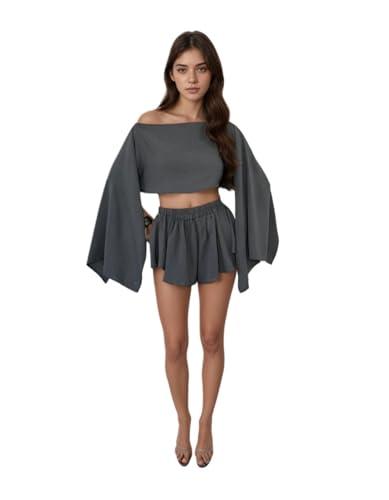 VCM Boho Sets Women 2 Piece Outfits Bikini Coverup Off Shoulder Crop Top Shorts Summer Beachwear Womens Loungewear Set3