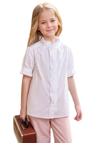SOLOCOTE Blusa de manga corta de algodón con botones para niña, con volantes, mangas de campana, vestido de uniforme escolar, tops para el verano, Blanco, 11-12 Años