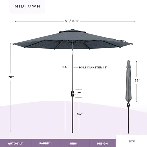 Image of Midtown Umbrellas 10-Year-No-Fade - 9 Ft - UV Proof Heather Grey Polyester Fabric - Umbrella Outdoor Patio, Auto-Tilt Aluminum Frame Patio Umbrella for Garden, Pool & Deck - Black Pole