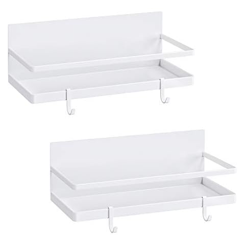 Thipoten Magnetic Spice Rack, Strong Magnetic Shelf with 2 Removable Hooks, Perfect Space Saver for Small Kitchen/Apartment, Awesome Metal Cabinet for Holding Spices, Jars, Salt, Beverage(White) Cover