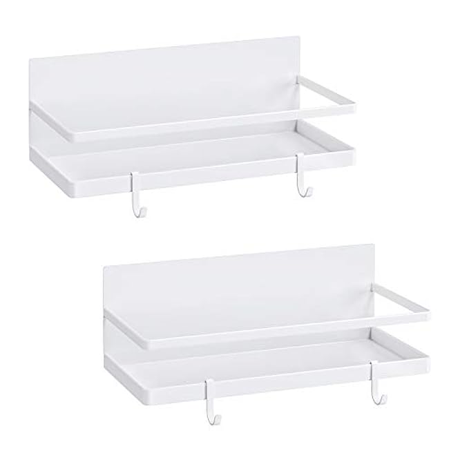 Thipoten Magnetic Spice Rack, Strong Magnetic Shelf with 2 Removable Hooks, Perfect Space Saver for Small Kitchen/Apartment, Awesome Metal Cabinet for Holding Spices, Jars, Salt, Beverage(White)