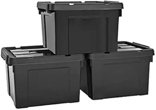 HOHAOO Storage Boxes,Set of 3 25L Heavy Duty Stackable Storage Boxes Nestable Black Plastic with Lids and Box Clip Locked for Shelves and Garage