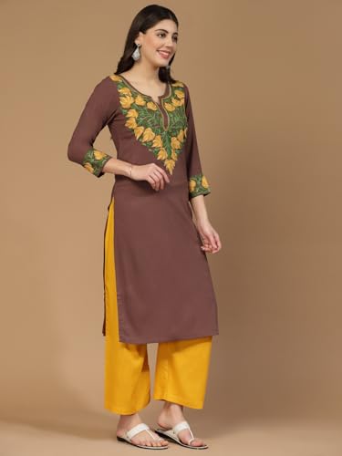 Image of QAZMI Women's Noura Kashmiri Aari Embroidered Viscose Rayon 3 /4 Cuff Sleeves A-Line Kurta