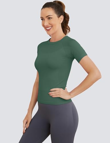 Image of MathCat Short Sleeve Workout Tops for Women, Seamless Women's Compression Shirt, Yoga Running Athletic Shirts Soft Gym Tops