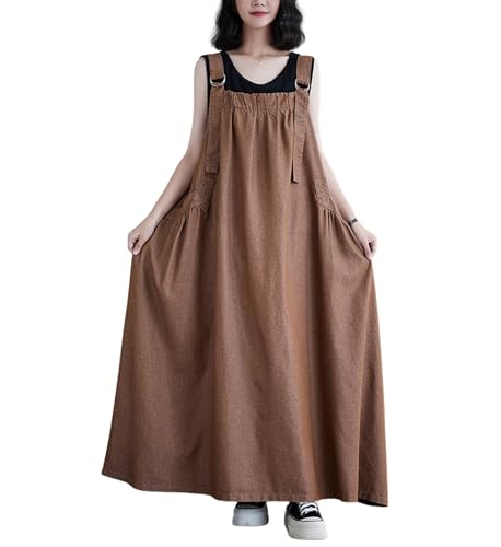 Image of Women's Casual Loose Denim Dress Sleeveless Adjustable Straps Denim Jumper Dress with Pockets