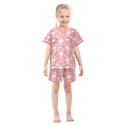 ALAZA Cute Rabbit Cupcake Heart Pajamas Set Short Sleeve Cotton Sleepwear Summer Pjs 2 Piece 5-14Y3