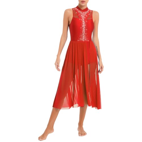 Runhomal Damen Ärmellos Tanzkleid Ballettkleid Lyrischen Latein Rumba Salsa Tango Kleider Glitzer Tanzbody mit Rock Swing Kleid Kleid Midi-Rock Rot E...
